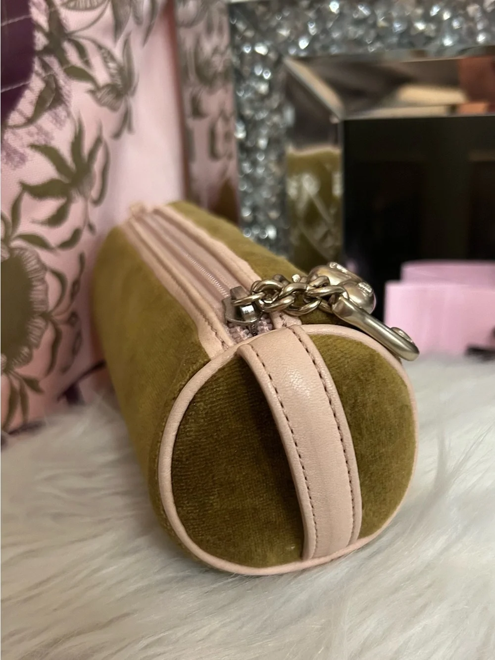 Y2K Vintage 2004 Juicy Couture Olive Green Velour Pink Leather Barrel Bag